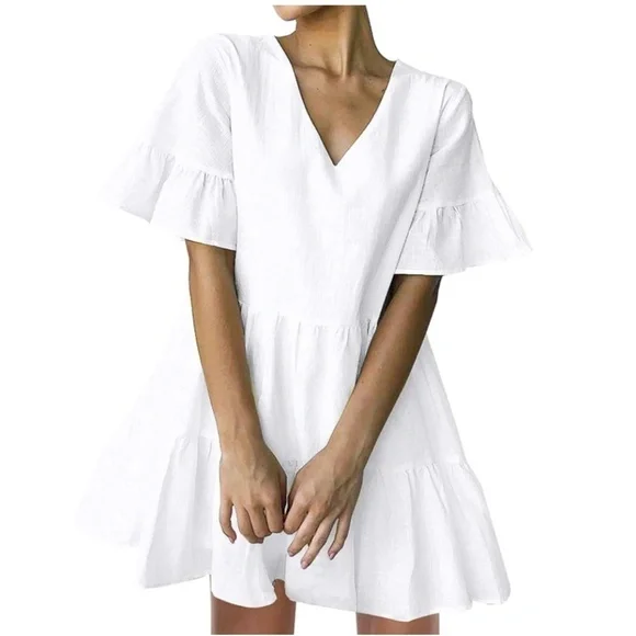 Amazon.com White Summer Swing Dress Tunic Bell Sleeve Tiered Dress Sz S - Picture 3 of 10